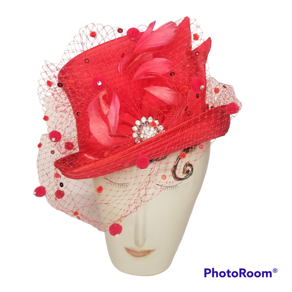 Vtg Womens Red Derby Hat Fancy Rhinestones Sequin Feathers Tea Party Church